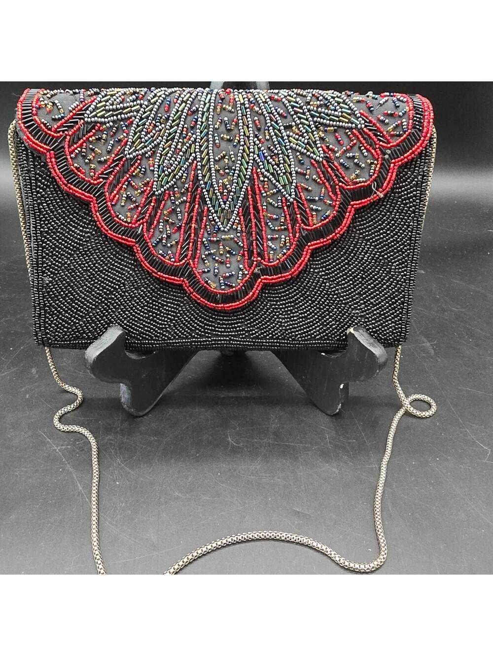 Vtg DeLill Hand Beaded Evening Clutch Bag Black Red Scalloped Flap Art Deco 8x5